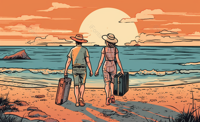 情侣提着行旅箱外出旅游手绘插画素材图,插画/手绘图,插画/手绘图库,插画/手绘图下载,插画/手绘